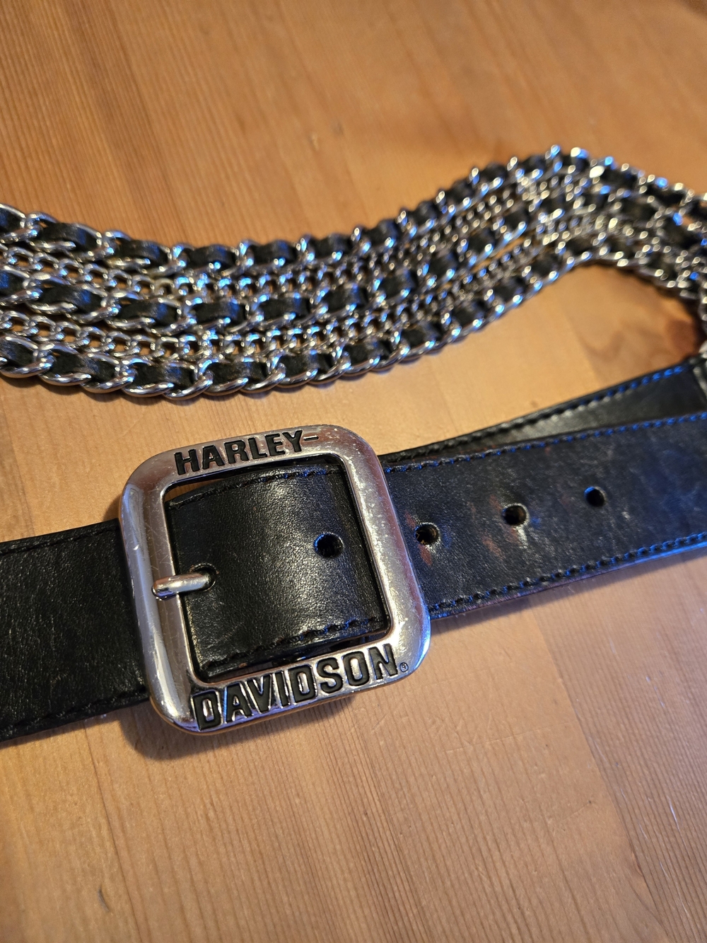 Harley-Davidson Womans Brown-Black Chain Leather Belt with Branded Buckle